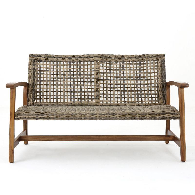 GDFStudio Jean Outdoor Acacia Wood and Wicker Loveseat, Brown