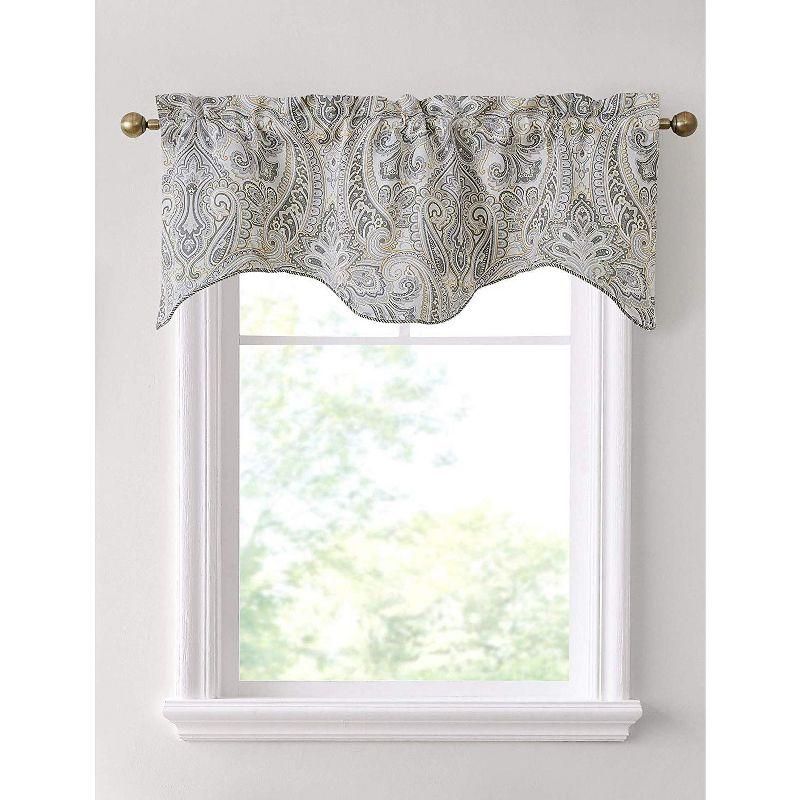 HLC.ME Paris Paisley Rod Pocket Short Scalloped Curtain Valance Basement, Bathroom, Kitchen and Small Windows - Grey/Yellow, 50 W x 20 L