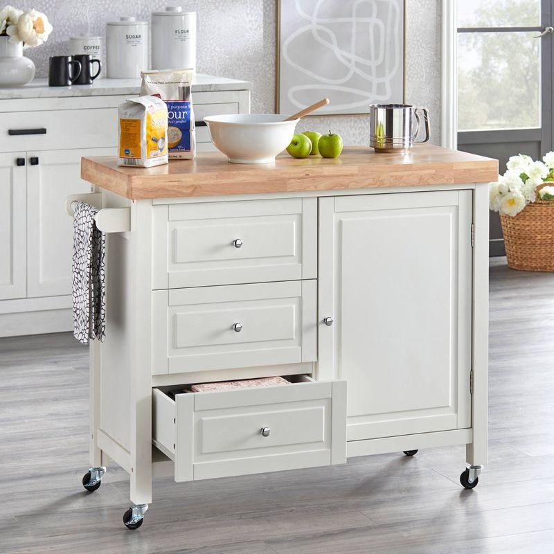 Buylateral Monterey Kitchen Cart White: Rubberwood Serving Cart with Towel Bar & Locking Wheels