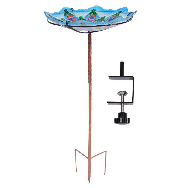 Turquoise Glass Bird Bath with Stand and Deck Clamp