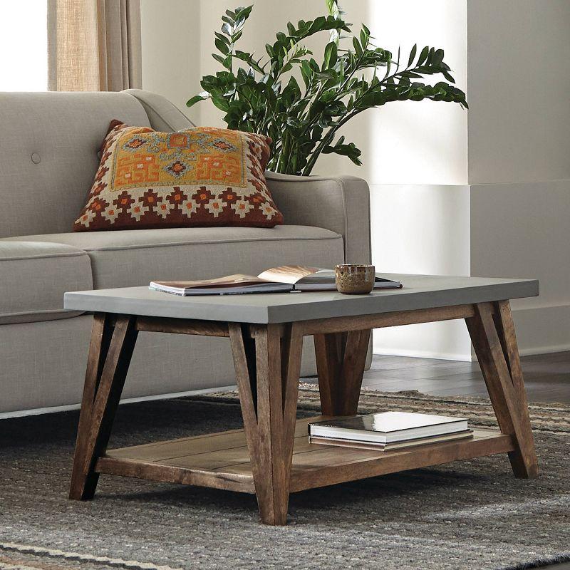 Alaterre Furniture 36" Brookside Coffee Table Concrete Coated Top and Wood Light Gray/Brown: Mid-Century Modern Design, Fixed Shelf