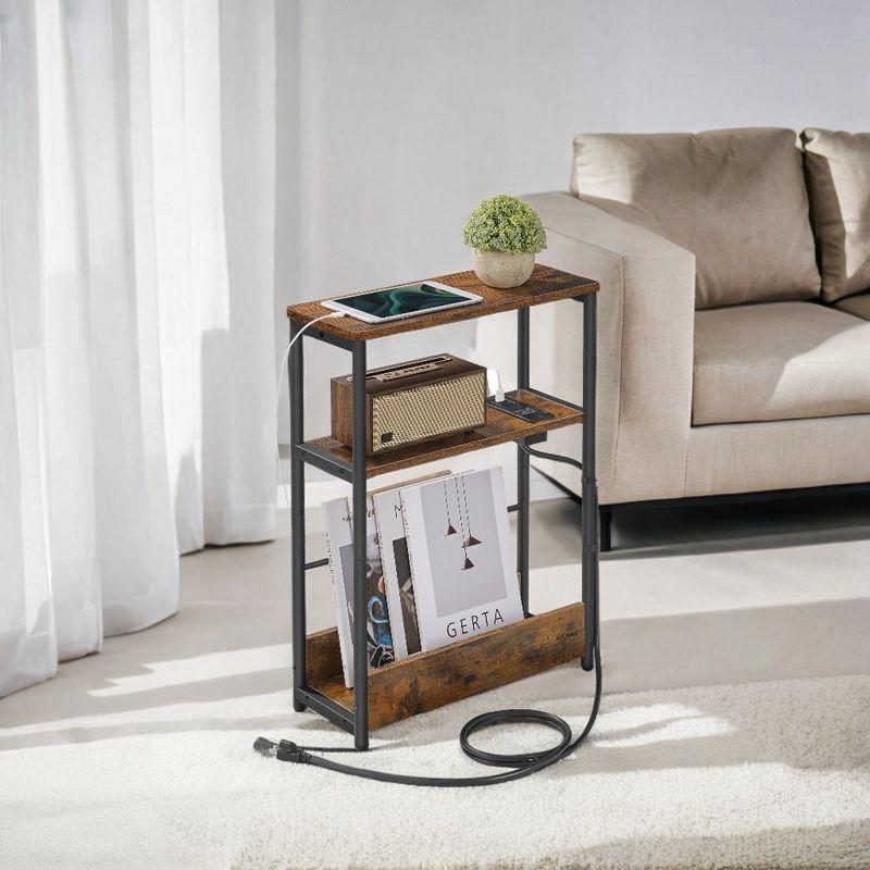 VASAGLE Side Table with Charging Station, Narrow End Table, 3-Tier Nightstand, Sofa Table for Small Spaces, Magazine Rack Rustic Brown and Ink Black