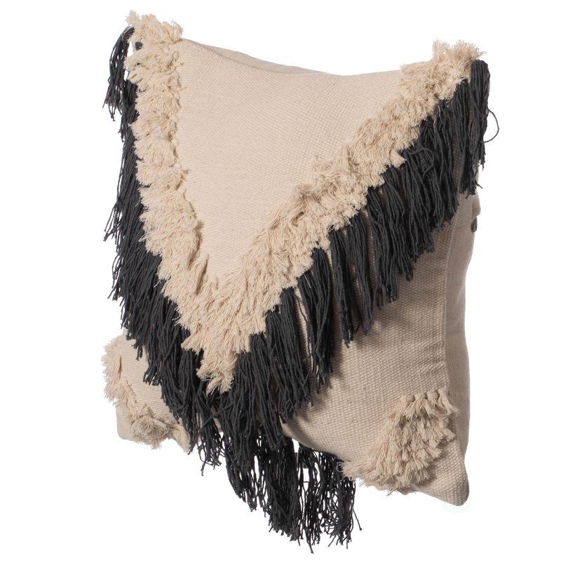 16" Charcoal and Beige Handwoven Cotton Throw Pillow with Fringe