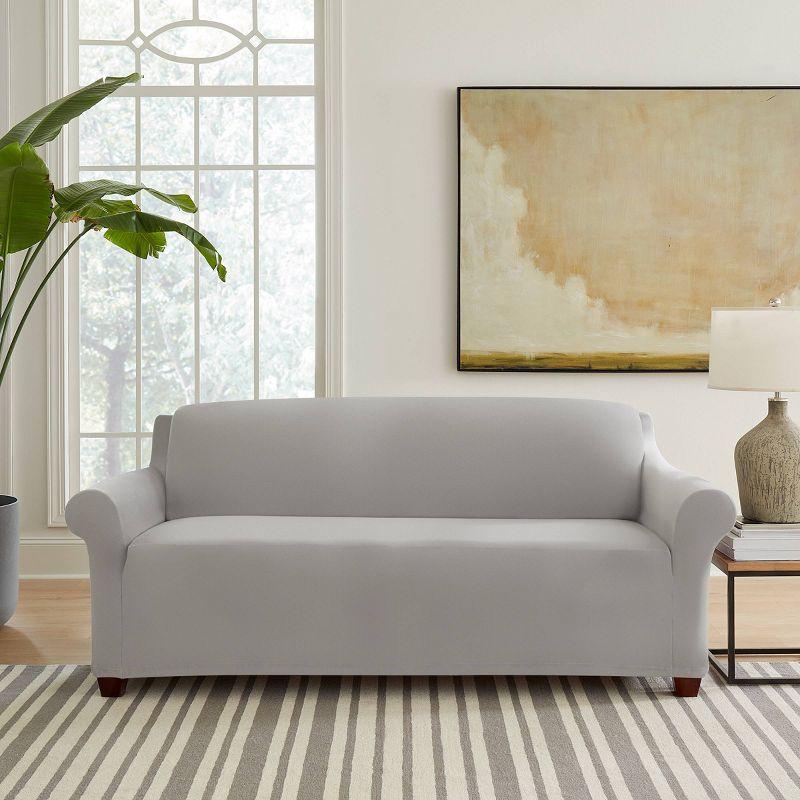 Light Gray Stretch Velvet Sofa Slipcover with Elastic Bottom