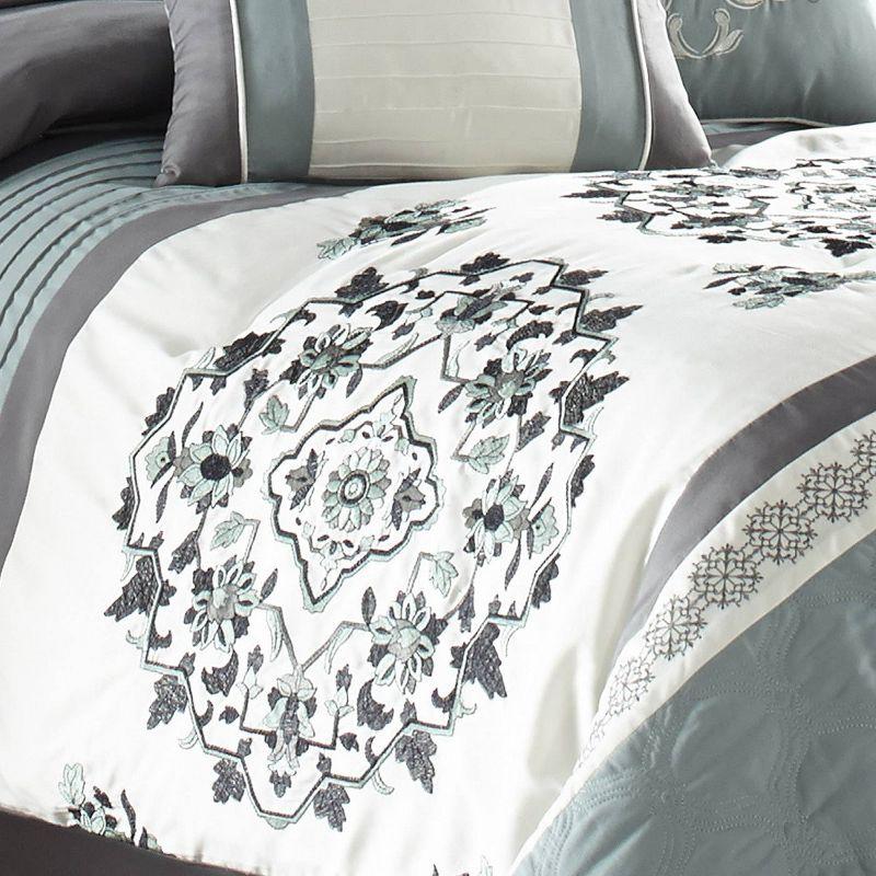 Riverbrook Home 7pc King Alex Comforter Set Blue & Gray : Polyester Medallion Pattern, Pleated & Quilted Design, Machine Washable