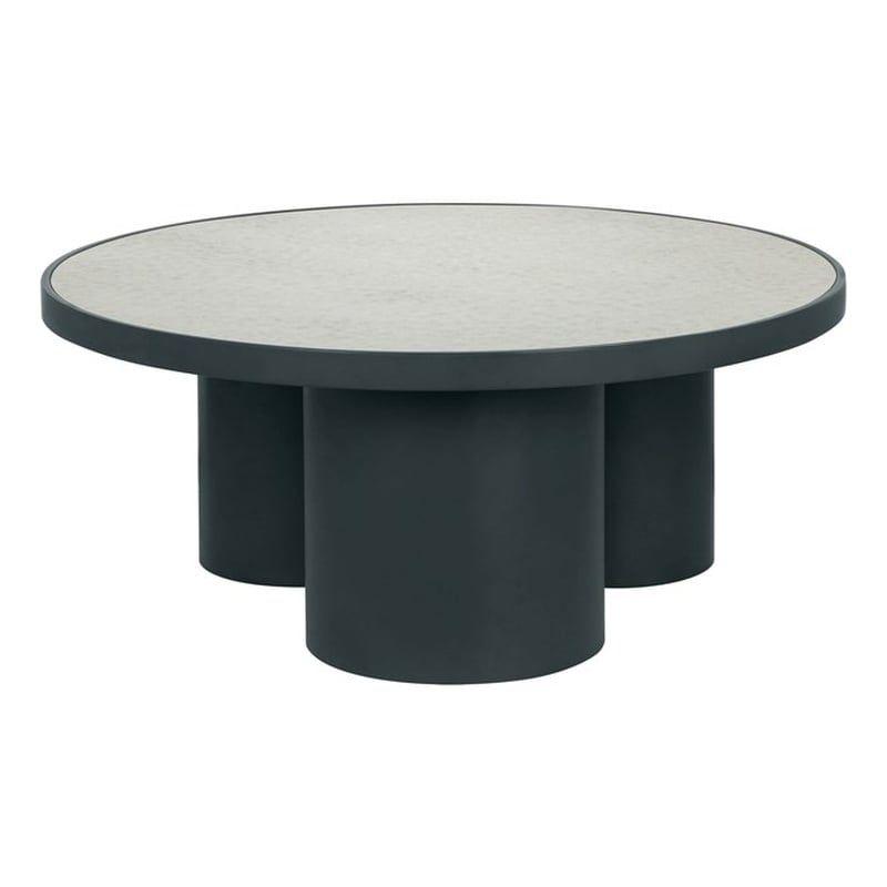 Round Gray Mirrored Glass and Iron Coffee Table