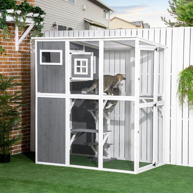 PawHut Walk-in Catio Outdoor Cat Enclosure, 7 Perches & Divided Den, Outdoor Cat House Weatherproof, Cat Shelter Kitty House Cat Cage, Cat Gift, Gray