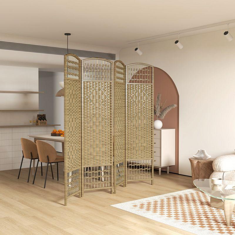 HOMCOM 4 Panel Room Divider, Folding Privacy Screen, 5.6' Room Separator, Wave Fiber Freestanding Partition Wall Divider, Natural