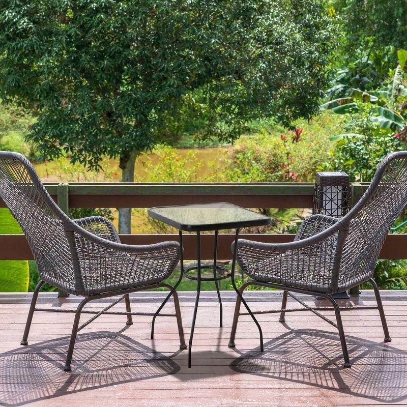 Four Seasons Courtyard Sunny Isles 24 Inch Outdoor Patio Bistro Dining Table Backyard Squared Furniture with Tempered Glass Tabletop, Black