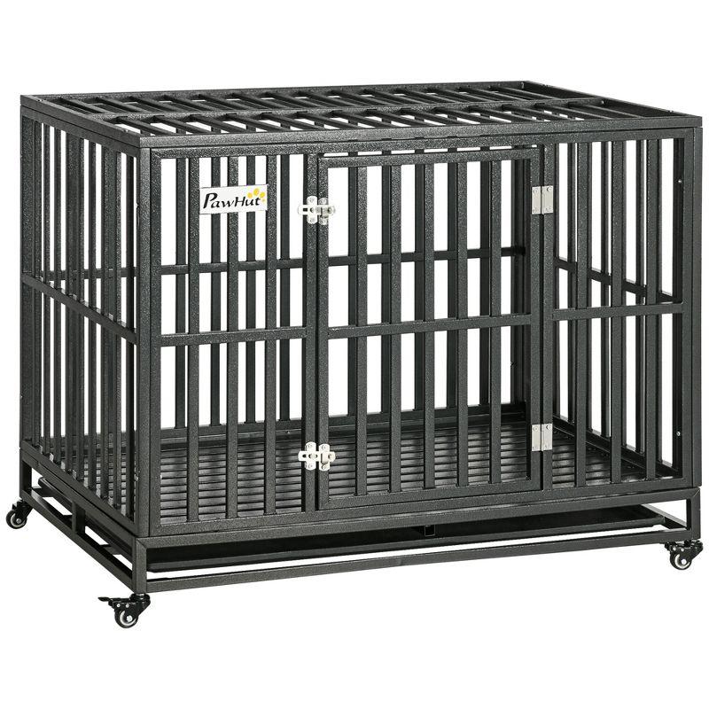 Heavy Duty Black Steel Rolling Dog Crate with Lockable Wheels