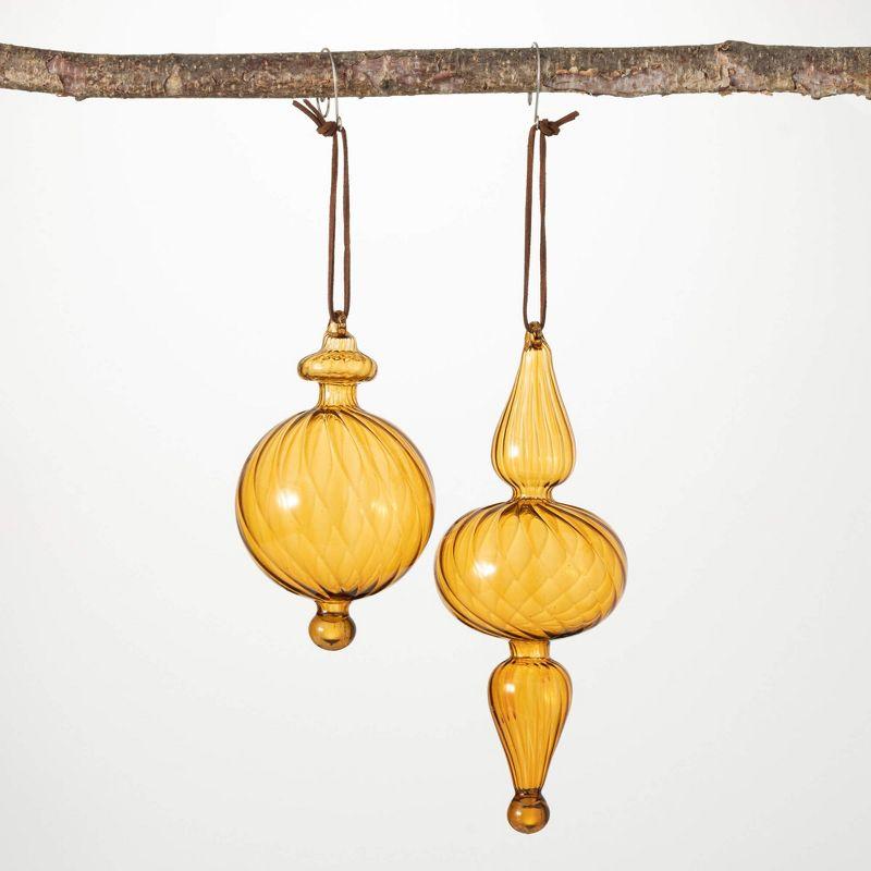 Golden Glass Finial Ornament Set with Swirling Design