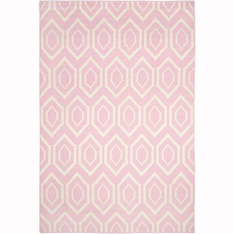 Pink and Ivory Geometric Wool Flat Weave Area Rug, 5' x 8'