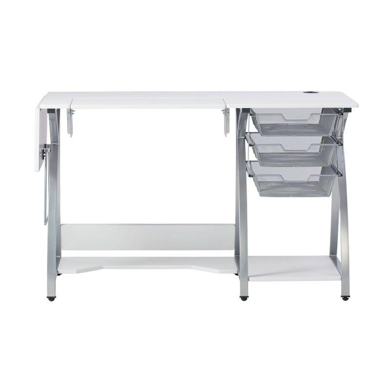 Silver and White Foldable Sewing Table with Mesh Drawers