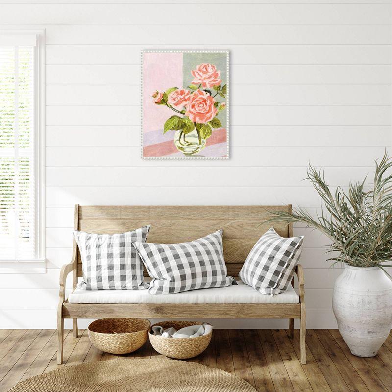 Douces Roses I Pink and Green Canvas Wall Art with White Frame