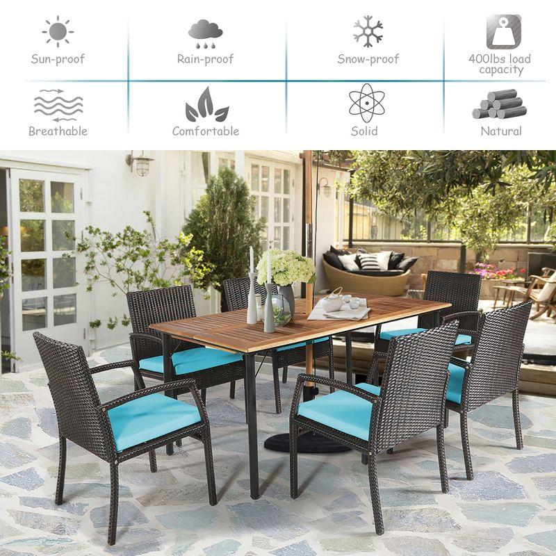 Costway 7PCS Patio Rattan Dining Chair Table Set with Cushion Umbrella Hole Turquoise