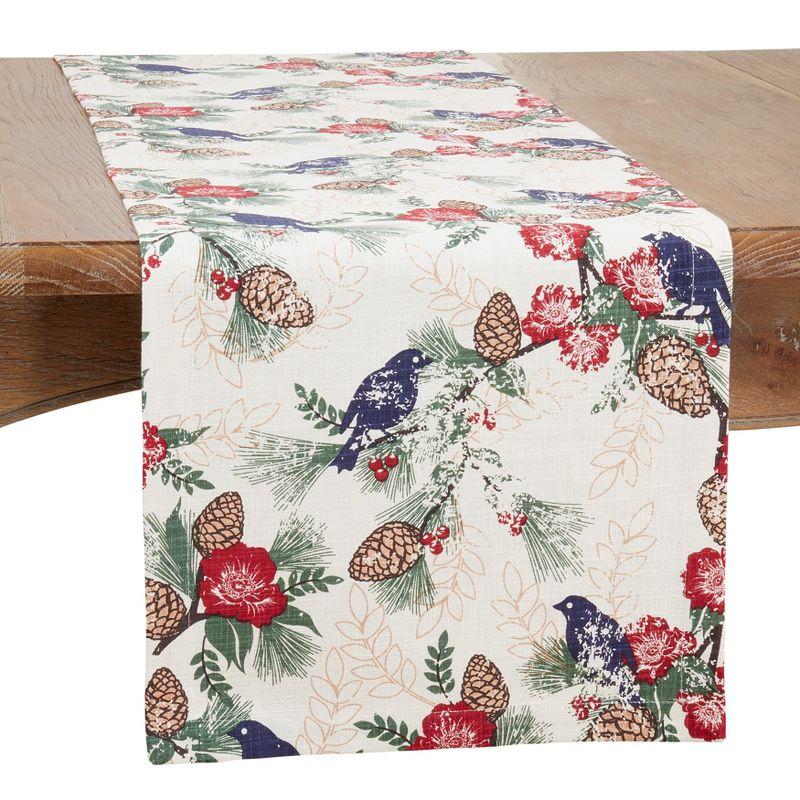 Cotton Table Runner with Pinecones and Birds Design