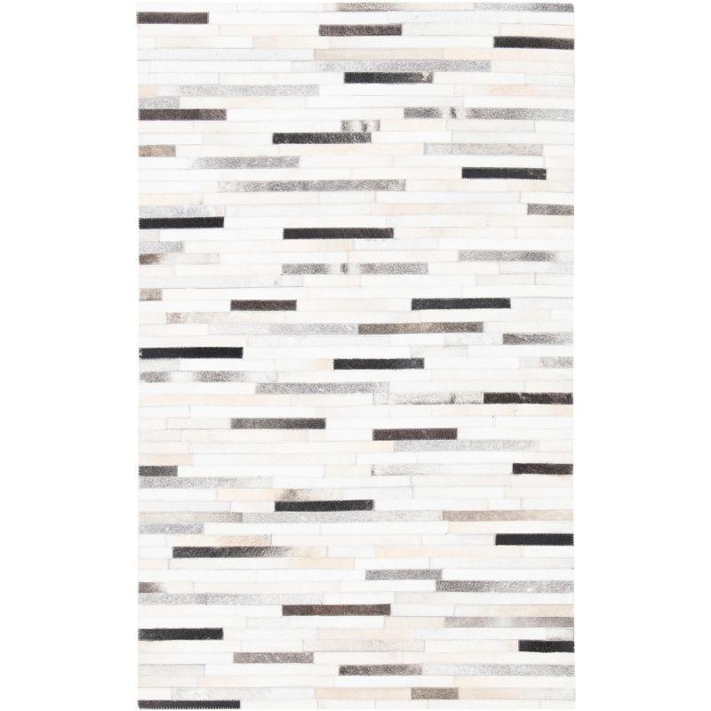 Ivory and Grey Hand-Knotted Cowhide Geometric Area Rug