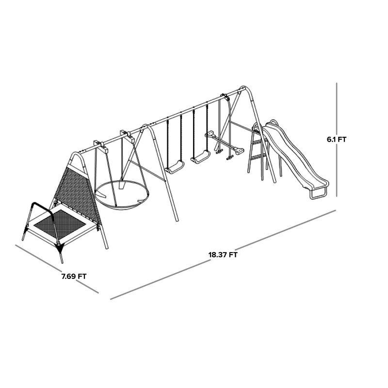 Mountain View Blue and Green Metal Swing Set with Slide and Trampoline