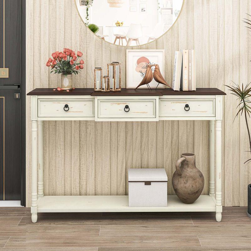 52" Cream and Brown Wood Console Table with Storage Drawers