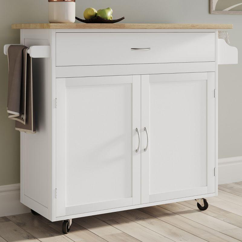 White and Oak Wood Rolling Kitchen Cart with Spice Rack and Storage