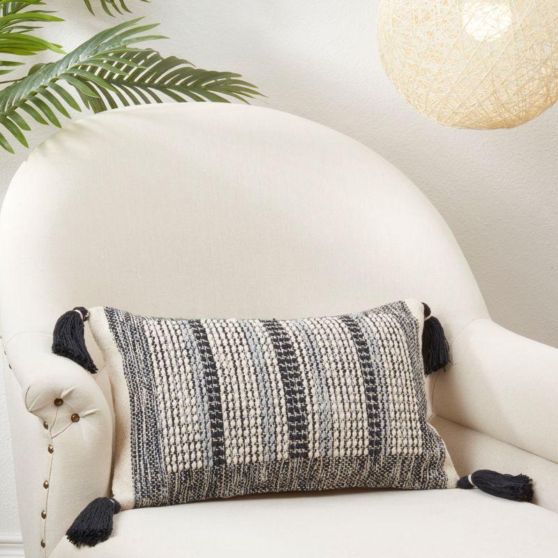 Black and Beige Rectangular Cotton Throw Pillow with Tassels