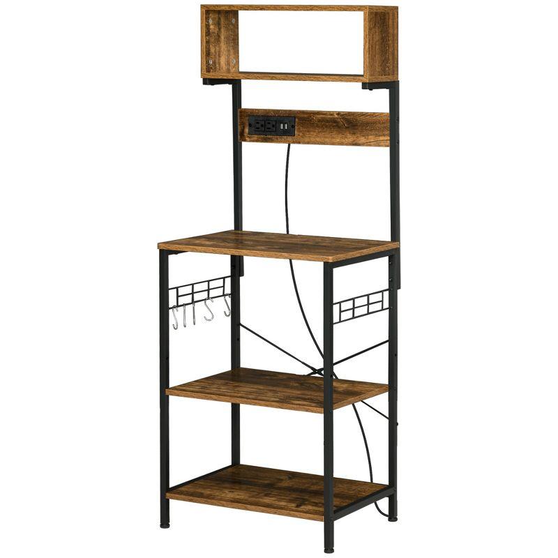 HOMCOM Kitchen Baker's Rack with Power Outlet, USB Charger, Microwave Stand, Coffee Bar with Adjustable Shelves, 5 Hooks, Rustic Brown