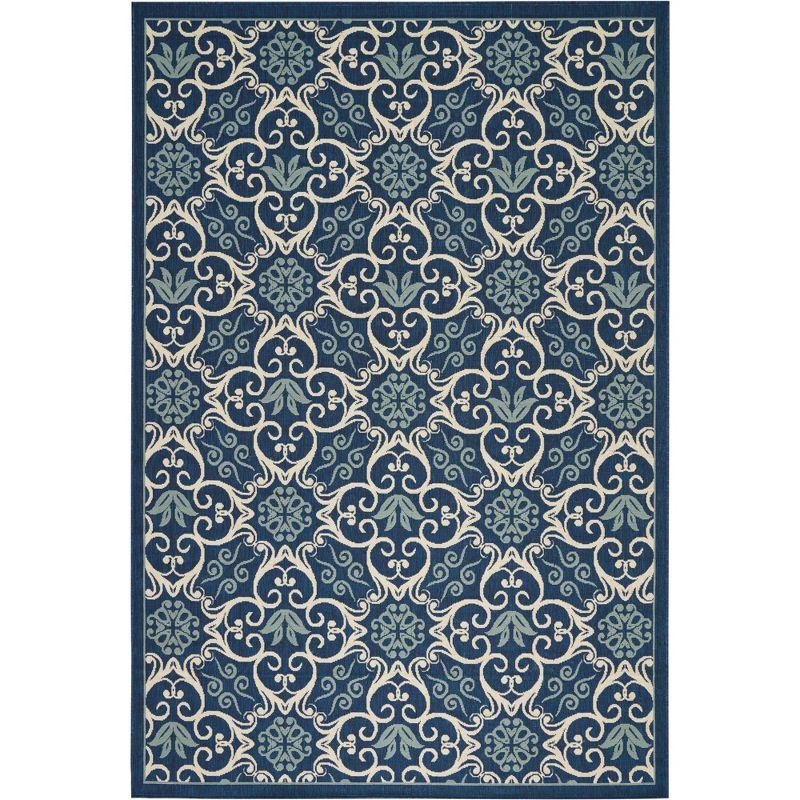 Navy Blue and Beige Floral Synthetic Easy-Care Outdoor Rug 6'7" x 9'6"