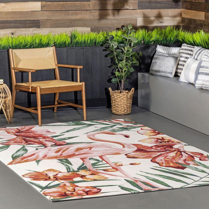 Multicolor Flamingo and Floral Synthetic Indoor/Outdoor Area Rug