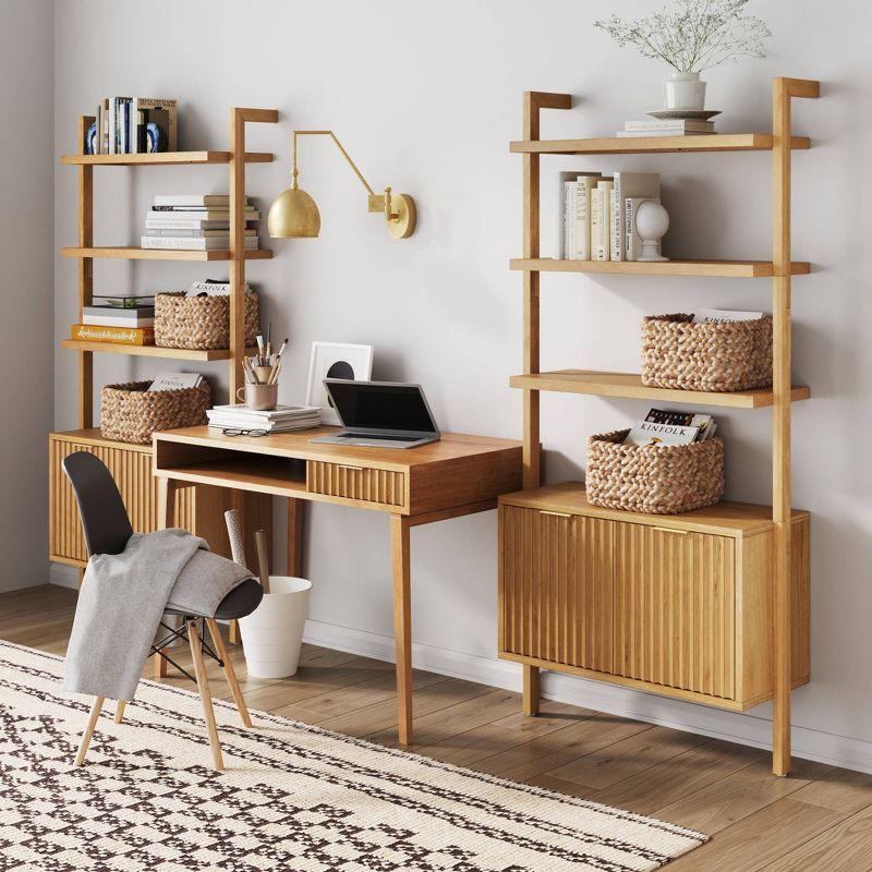 Warm Pine Wood Fluted Desk with Bookshelves and Drawer