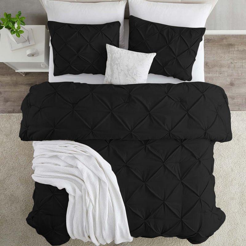 Nestl 3 Piece Pinch Pleated Duvet Cover Set, Full Size Pintuck Duvet Cover with Button Closure, Black