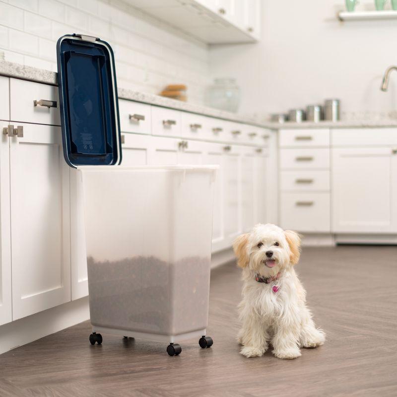 IRIS USA 37.5 Lbs / 47 Qt WeatherPro Airtight Pet Food Storage Container with Attachable Casters, Navy/Pearl