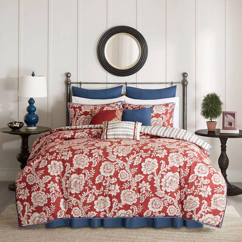 Red Floral Cotton Queen Duvet Cover Set with Shams