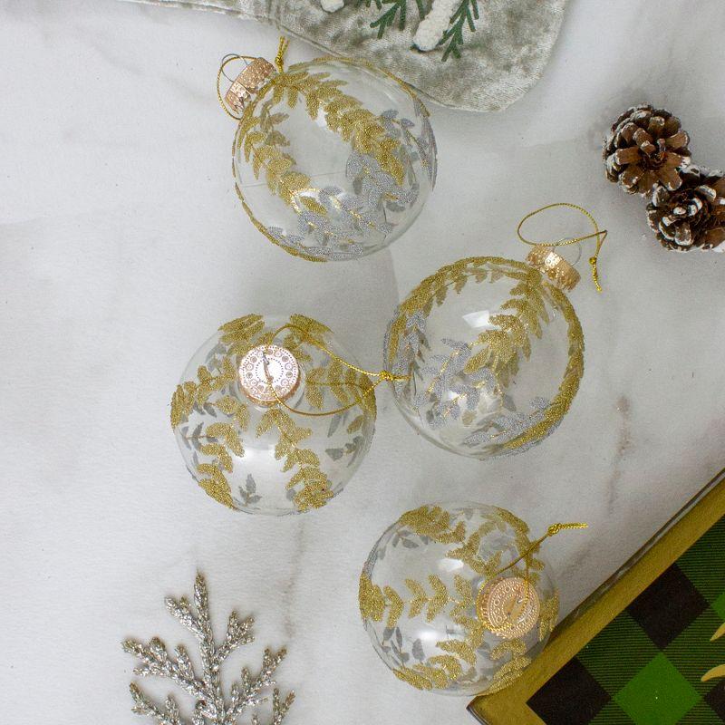 Set of 4 Clear and Gold Glitter Glass Christmas Ornaments