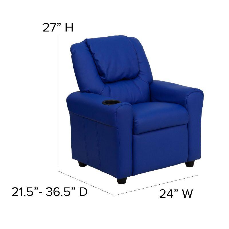 Blue Vinyl Kids Recliner with Wood Frame and Cup Holder