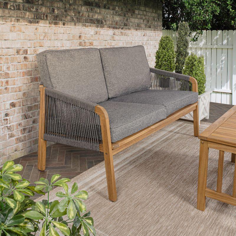 Arwen Modern Bohemian Roped Acacia Wood Outdoor Loveseat with Cushions - JONATHAN Y