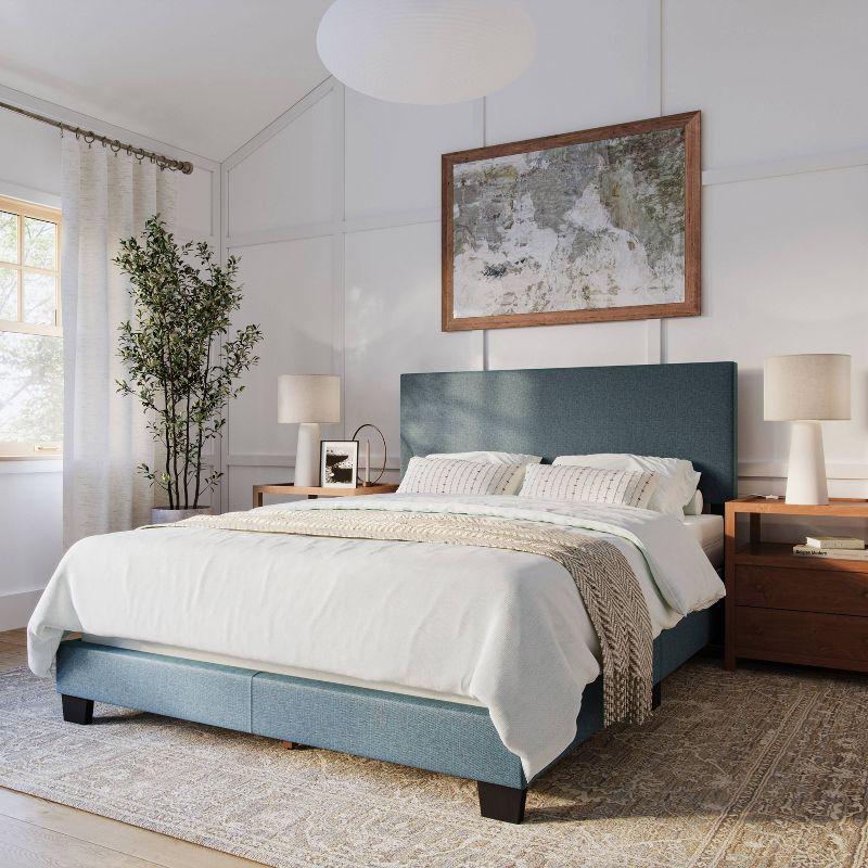 CorLiving Celeste Modern Upholstered Queen Bed Blue: Polyester Fabric, MDF & Wood Frame, 551 lbs Max Weight