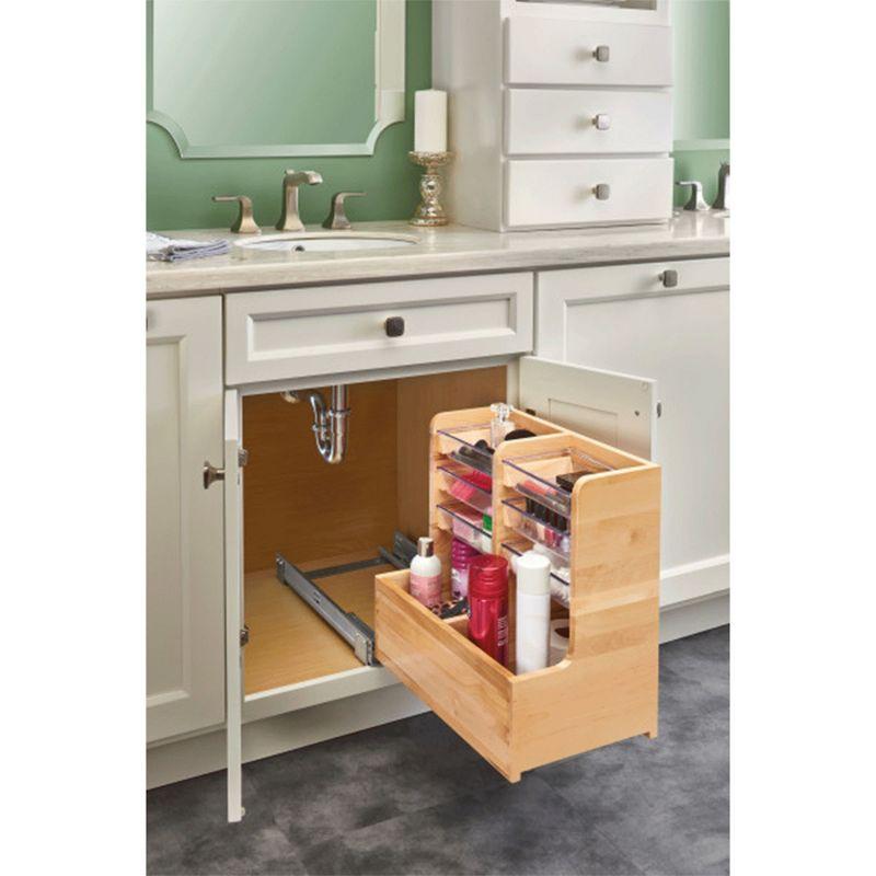 Rev-A-Shelf Floor Mount L Shaped Wood Sink Vanity Cabinet Base Storage Organizer with Soft Close Slides and Bins