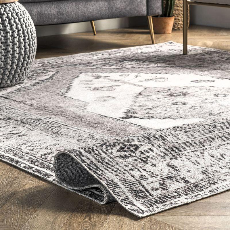 Nuloom Gladys Pet Friendly Machine Washable Vintage Medallion Area Rug, 4' x 6', Light Grey