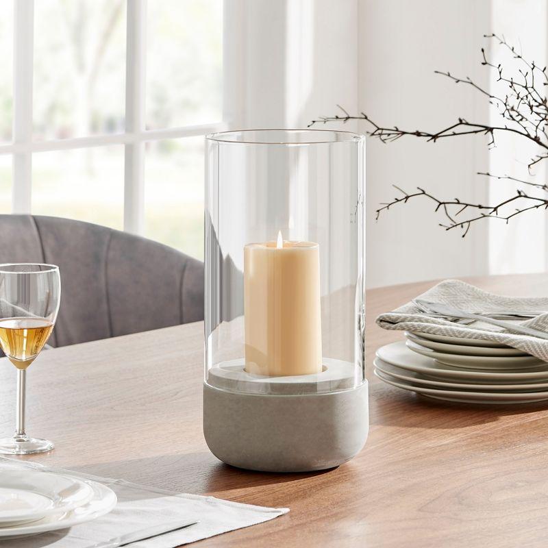 Large Clear Glass and Gray Cement Hurricane Candle Holder