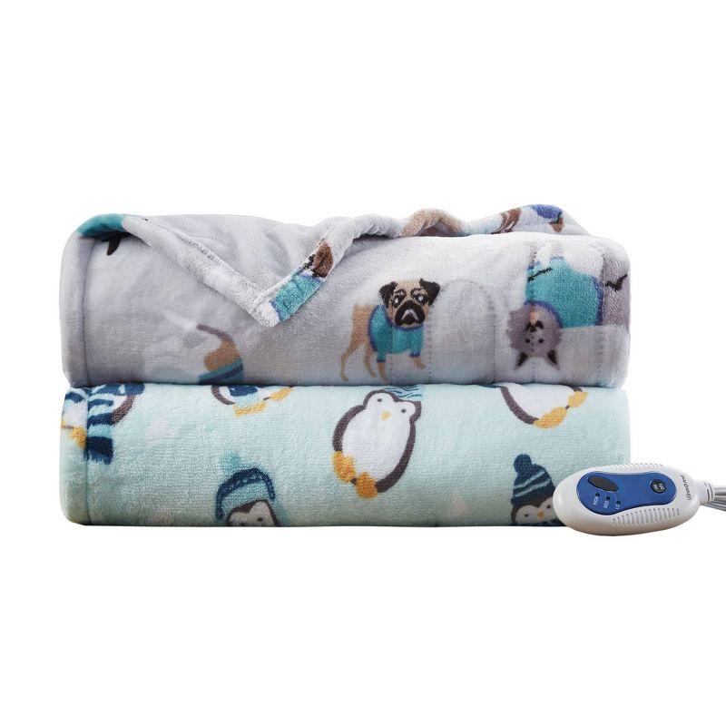 Aqua Penguins Oversized Plush Electric Heated Throw Blanket