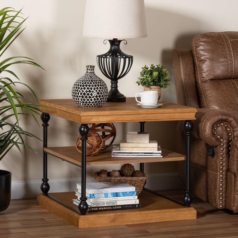 Baxton Studio Sebastian Traditional Industrial Oak Brown Finished Wood and Black Metal 3-Tier End Table