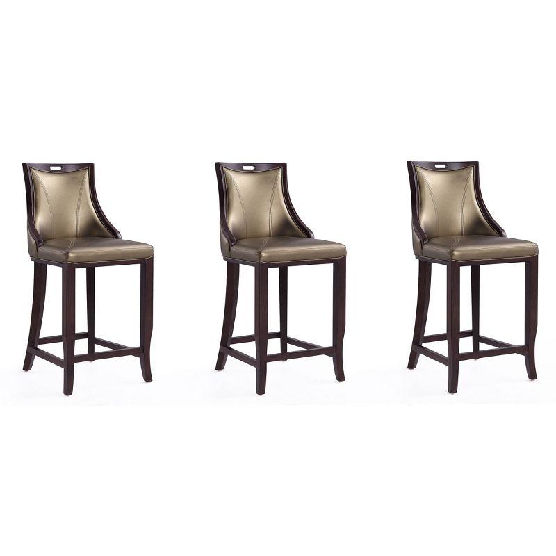 Elegant Hourglass Walnut & Bronze Faux Leather Barstools - Set of 3