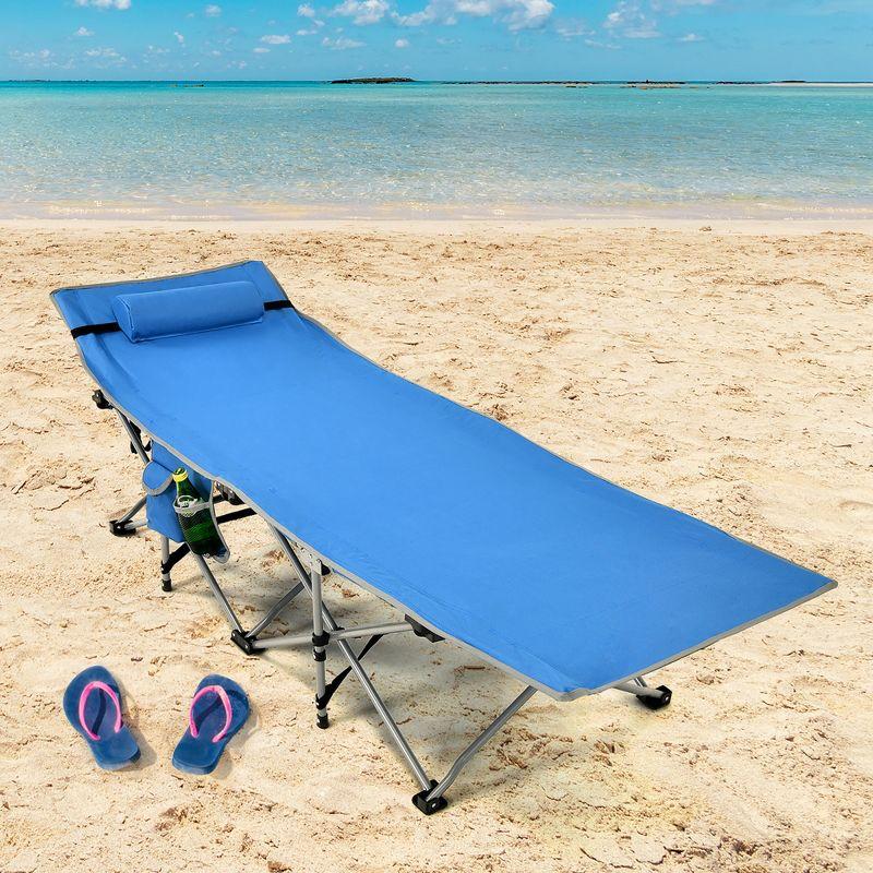 Folding Camping Cot Heavy-Duty Outdoor Cot Bed w/ Side Storage Pocket Blue