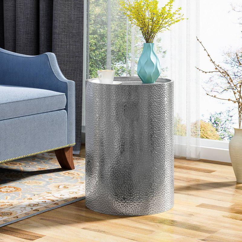 Braeburn Modern Round Accent Table Silver - Christopher Knight Home: Hammered Iron, Cylindrical, No Assembly Required