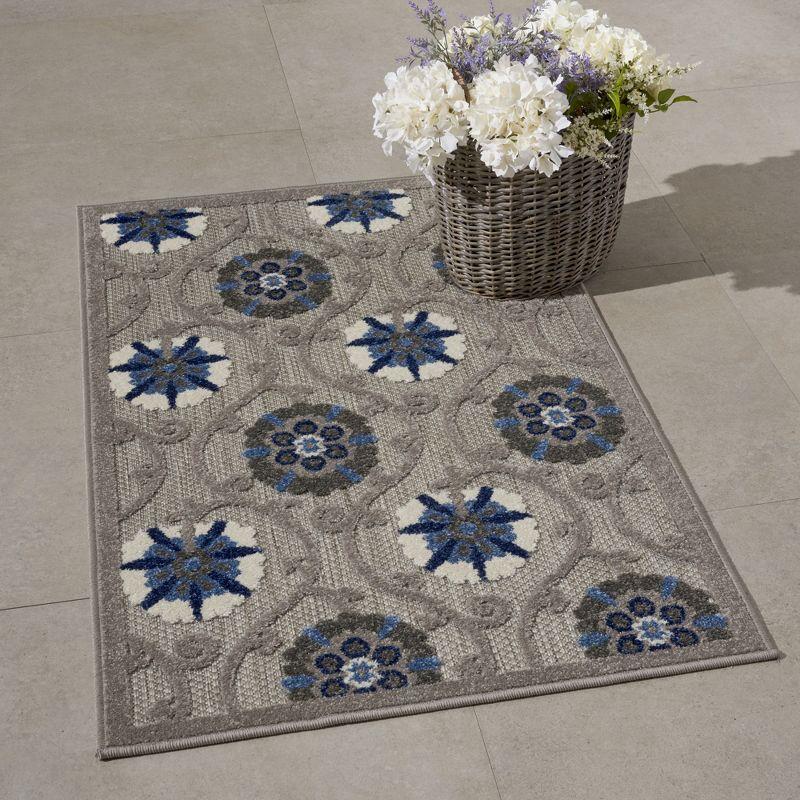 Nourison Aloha Contemporary Floral Flatweave High-Low Indoor Outdoor Area Rug Grey/Blue 2'8" x 4'