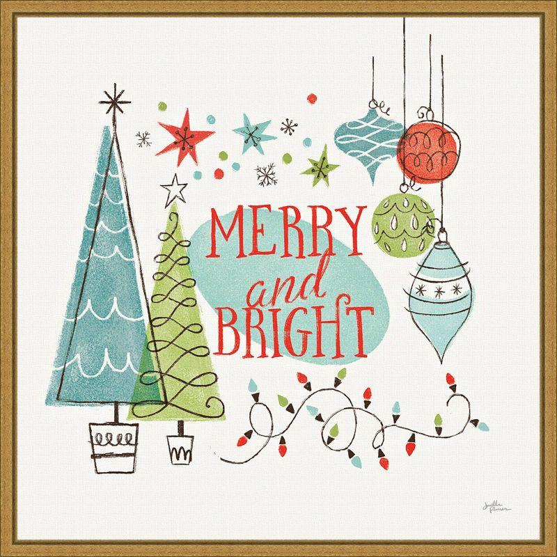 Merry and Bright Retro Christmas Canvas Print with Gold Frame