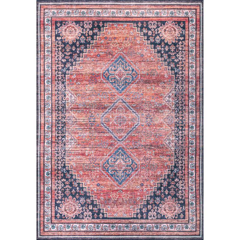 4' x 6' Dalyan Geometric Medallions Machine Washable Indoor/Outdoor Area Rug, Terra/Navy - JONATHAN Y