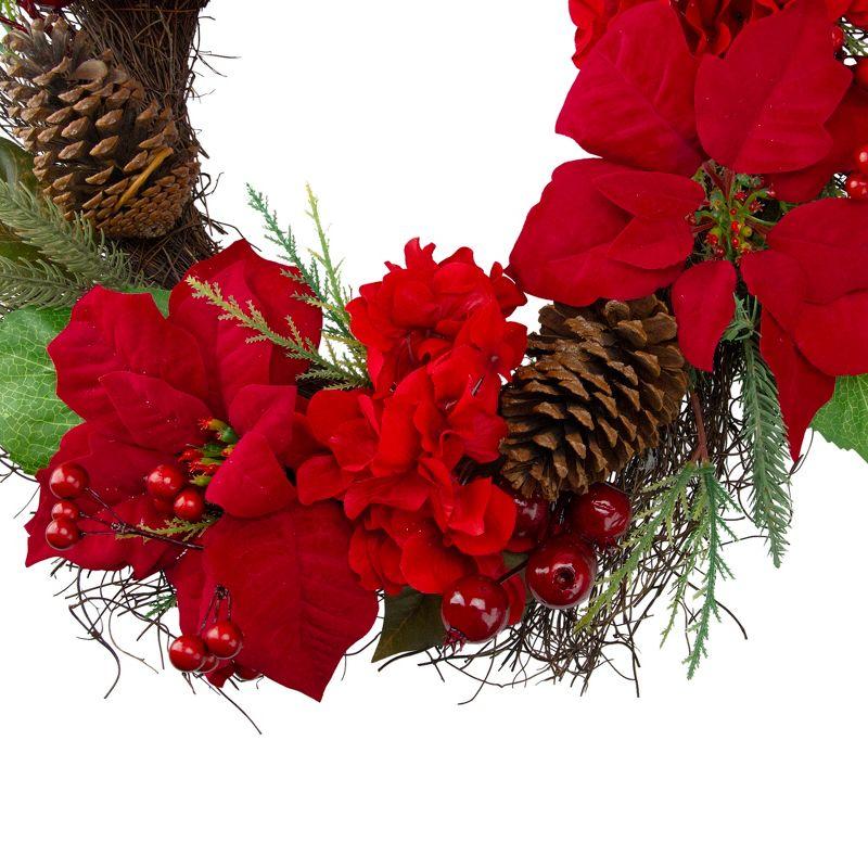 Northlight Seasonal Red Poinsettia and Hydrangea Flowers with Berries Artificial Christmas Wreath - 24-Inch Unlit