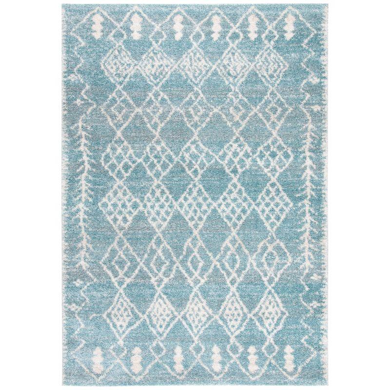 Ivory and Blue Geometric Hand-knotted Synthetic Area Rug 5'x8'