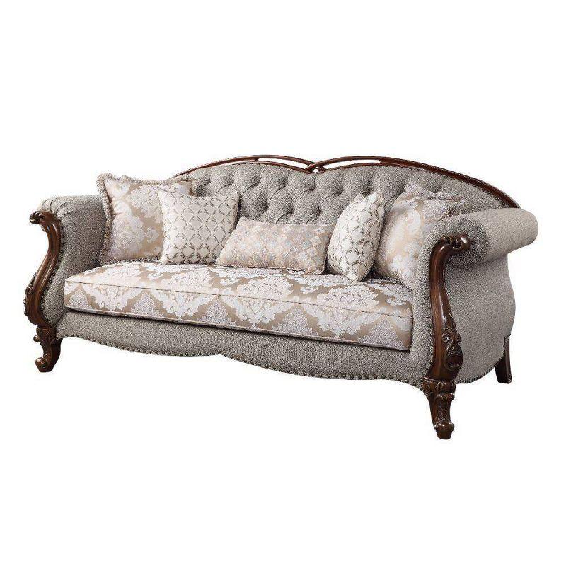 Cherry Finish 90'' Tufted Fabric Sofa with Nailhead Detail